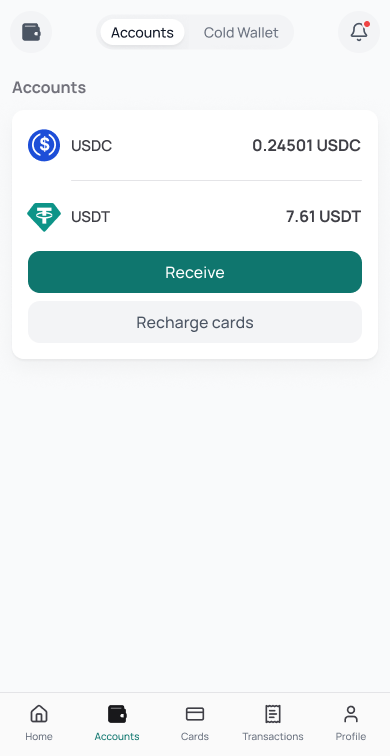 Global Cards accounts screen with supported assets and wallet actions