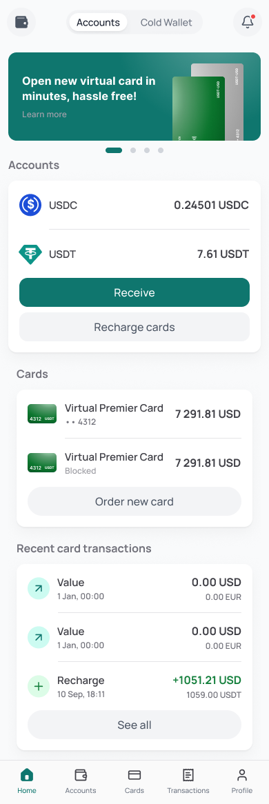 Global Cards mobile interface with accounts, cards and recent activity
