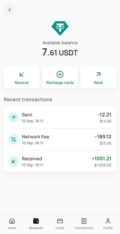 Global Cards asset details with receive, card recharge and send actions