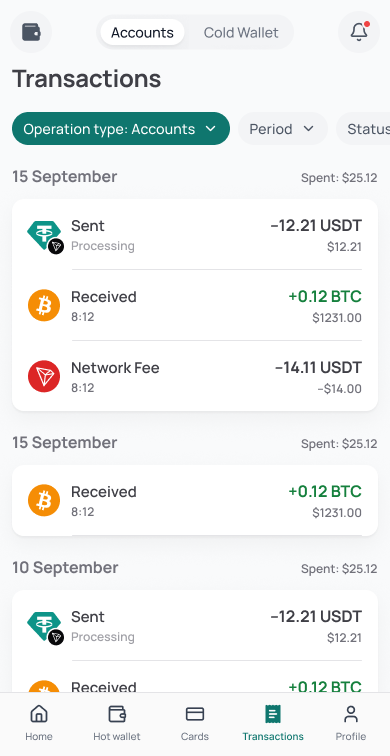 Global Cards account transactions with status and period filters